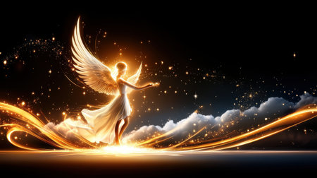 Glowing angelic figures in a Christmas background, surrounded by soft clouds and a radiant light, symbolizing peace and divine presence during the holiday season.の素材