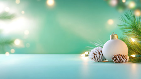 Green Christmas background with eco-friendly decorations made from recycled materials and natural fibers, illuminated by soft, warm lights.の素材