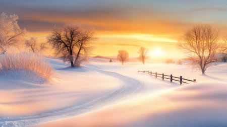 Gentle winter sunrise with light snow on the ground, illuminating the scene with soft golden hues, creating a calm and warm winter atmosphere.の素材