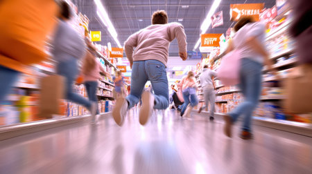 Shoppers running through store aisles on Black Friday, trying to grab the best deals, with bright discount signs everywhere.の素材