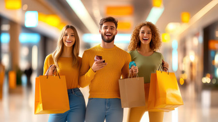 Shoppers smiling and holding their shopping bags after scoring Black Friday deals, with bright sale banners in the background.の素材