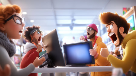 Shoppers fighting over the last discounted TV on Black Friday, with crowded aisles and frustrated faces.の素材