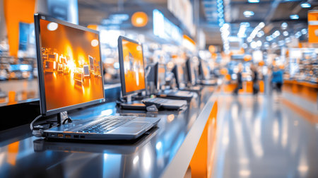Shoppers in a crowded electronics section, checking out deals on TVs and laptops, surrounded by bright sale signs.の素材