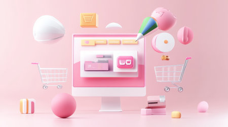 Stylish website with a pink overlay advertising Cyber Monday sales, with floating shopping carts and tech gadgets.の素材