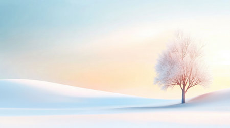 Frosty January background featuring snow-covered fields, barren trees, and a clear, pale sky. A serene and peaceful winter landscape.の素材