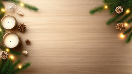 Elegant wooden Christmas background adorned with glowing candles, fresh pine branches, and twinkling lights, creating a serene and festive ambiance.の素材