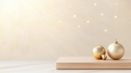 Elegant Scandinavian Christmas background with minimalist wooden ornaments, neutral colors, and soft natural lighting, creating a peaceful holiday atmosphere.の素材