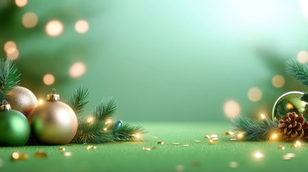 Festive Christmas background with a mix of green pine garlands and shiny gold ornaments, accented by fairy lights and golden confetti for an elegant holiday vibe.の素材