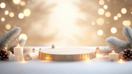 Eco-friendly Christmas backdrop showcasing handmade decorations crafted from sustainable materials like wood, fabric, and twine, softly lit by holiday lights.の素材