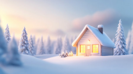 Cozy winter cabin surrounded by snow-covered trees, with soft light spilling out of the windows and a peaceful snowy landscape around.の素材