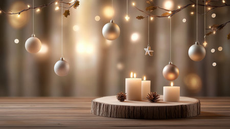 Handmade Christmas ornaments made from wood, felt, and twine hanging against a wooden background, illuminated by the soft glow of candles.の素材