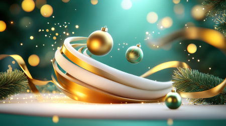 Luxurious Christmas background with deep green fir branches intertwined with golden ribbons and sparkling gold baubles, creating an opulent festive setting.の素材