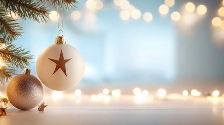 Minimal Christmas background with Scandinavian design, including wooden ornaments and simple pine garlands, illuminated by soft natural light.の素材