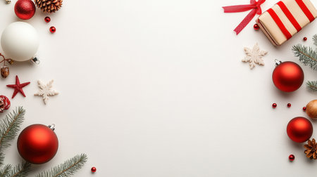 Minimalist Christmas background with clean lines and Scandinavian-inspired decorations, featuring simple wooden ornaments and natural pine branches.の素材