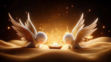 Peaceful Christmas scene with angelic beings hovering over a nativity scene, illuminated by a soft golden glow, representing heavenly joy and grace.の素材