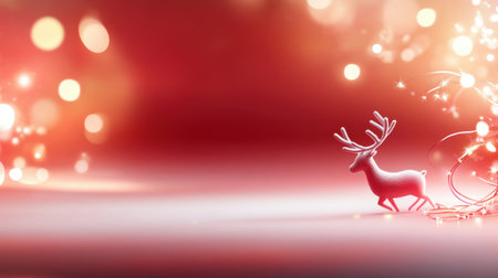 Red Christmas background featuring traditional winter patterns of snowflakes and reindeer, glowing softly under warm holiday lights.の素材