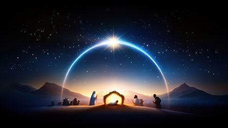 Peaceful nativity scene with baby Jesus in the manger, surrounded by Mary, Joseph, and shepherds, under the glow of a bright star, representing the holy Christmas night.の素材