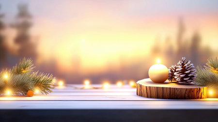 Scandinavian Christmas background with a minimalist design, featuring neutral colors, simple wooden decorations, and natural pine garlands, softly lit by warm lights.の素材