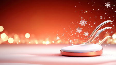 Red Christmas backdrop with snowflakes gently falling, illuminated by soft light, creating a magical and festive holiday ambiance.の素材