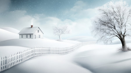 Rustic vintage winter background featuring an old farmhouse, snow-draped fences, and frosted trees, with muted, antique tones.の素材