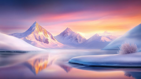 Snow-covered mountains rising in the distance, a soft pastel sky overhead, and a frozen lake reflecting the winter scenery.の素材