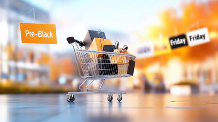 Shopping cart filled with pre-Black Friday sale items, waiting to be checked out, with "Pre-Black Friday" banners hanging nearby.の素材
