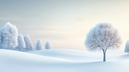Serene white winter landscape with fresh snow blanketing the ground and trees, the quiet calm of the scene enhanced by a pale sky.の素材