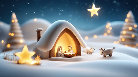 Peaceful nativity scene in a snowy landscape, with the holy family surrounded by shepherds, wise men, and animals, under the star of Bethlehem.の素材