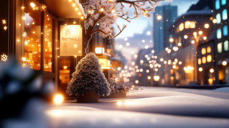 Snow-covered city street with soft snowfall, warm lights glowing from shop windows, and frosted trees lining the sidewalk. A cozy winter city background.の素材