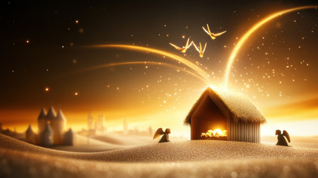 Peaceful Christmas scene with angelic beings hovering over a nativity scene, illuminated by a soft golden glow, representing heavenly joy and grace.の素材