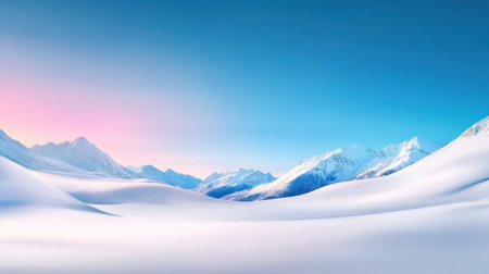 Serene winter landscape with a snow-filled valley, distant snow-capped mountains, and a clear, cold sky. The perfect winter background.の素材