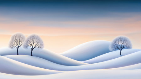 Snow-covered winter landscape with rolling hills and bare trees under a soft, pastel sky. The peaceful scene captures the calmness of a winter day.の素材