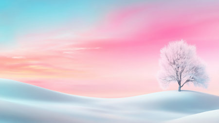 Snowy landscape with a pastel-colored sky, fading from soft pinks to light blues, creating a tranquil winter background with a dreamy feel.の素材