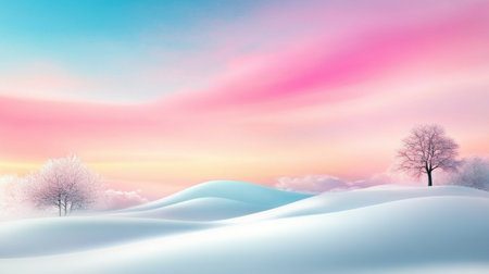 Snowy landscape with a pastel-colored sky, fading from soft pinks to light blues, creating a tranquil winter background with a dreamy feel.の素材