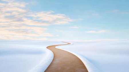 Snowy path winding through a vast, open landscape, a minimalist winter scene with empty skies and subtle winter tones.の素材