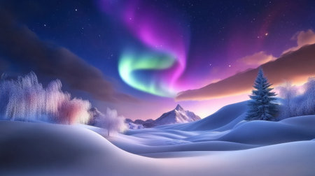 Snowy winter landscape illuminated by vibrant northern lights dancing across the night sky, casting a magical glow over the snow-covered ground.の素材