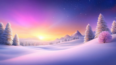 Twilight winter sky with stars just beginning to appear, casting a cool glow over a snow-covered forest and distant mountains.の素材