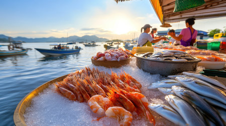 A busy local fish market by the sea, with fresh seafood displayed on ice, local fishermen interacting with customers, and boats in the background.の素材