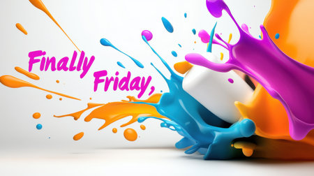 A dynamic Friday art design with bold splashes of color, paint strokes, and text reading "Finally Friday," perfect for a creative, energetic vibe.の素材