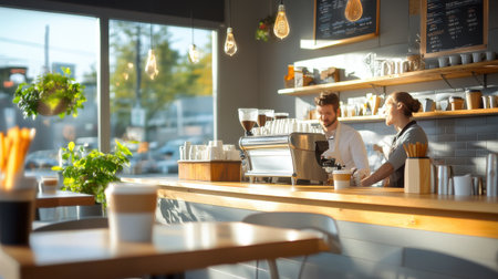 A cozy local cafe interior, featuring rustic wooden tables, warm lighting, and a friendly barista serving coffee to customers enjoying conversations.の素材