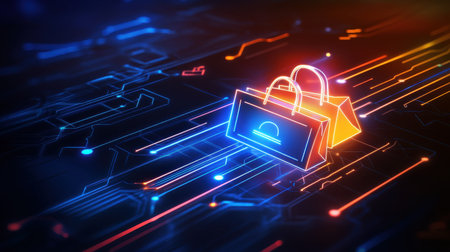 A Cyber Monday background with shopping bags, sale tags, and digital arrows, all overlaid on a dark, sleek interface design with techy vibes.の素材