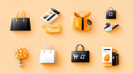 A Black Friday clip art set with various shopping-themed icons, including credit cards, bags, and discount percentages, ideal for promotional material.の素材