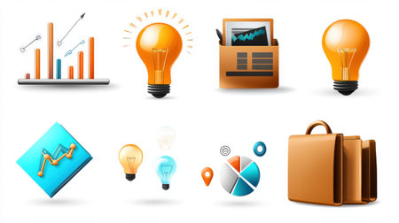 A collection of business-themed clip art icons including briefcases, graphs, and lightbulbs, perfect for presentations or marketing materials.の素材