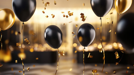 A dramatic black-and-gold-themed party setup with black balloons, confetti, and streamers in a dimly lit room, evoking an elegant celebration.の素材