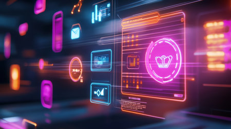 A high-tech Cyber Monday background with futuristic holograms, discount offers displayed on floating screens, and a modern digital interface.の素材