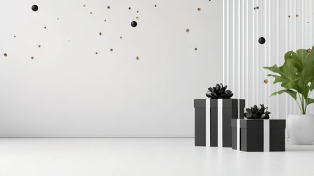 A clean, minimalist Black Friday background with simple text promoting discounts, black and white color scheme, and subtle confetti falling in the background.の素材