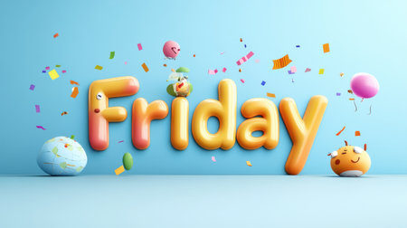 A fun and playful "Friday" clip art design with bold text, confetti, and cartoon characters celebrating the end of the week.の素材