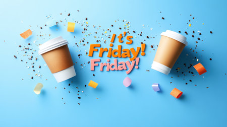 A fun Friday art composition featuring coffee cups, confetti, and bright "It's Friday!" text, celebrating the end of the workweek.の素材