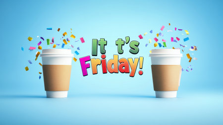 A fun Friday art composition featuring coffee cups, confetti, and bright "It's Friday!" text, celebrating the end of the workweek.の素材