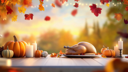 A cozy Thanksgiving background with a table set for dinner, featuring a roasted turkey, autumn leaves, candles, and pumpkins, creating a warm and festive mood.の素材